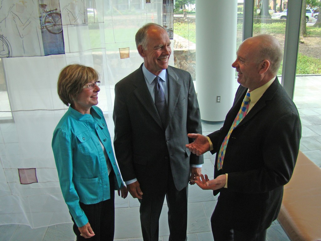 Jennifer and Don Holzworth (left and center) talk with Dr. Jamie Bartram (right), director of The Water Institute at UNC and the Don and Jennifer Holzworth Professor of environmental sciences and engineering at the Gillings School.