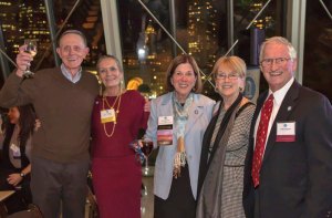 Retired biostatistics professor Dr. Larry Kupper, Joan Gillings, Dean Barbara K. Rimer, and Joy and Chett Douglass (l-r) celebrated at the Boston alumni event.