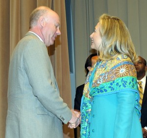 Dr. Jamie Bartram greets U.S. Secretary of State Hillary Clinton at the launch of the U.S.Water Partnership in March. (Contributed photo)