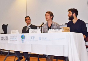 A panel discussion followed the recent Gillings School screening of the documentary Salam Neighbor. Panelists, left to right, included Dr. Dilshad Jaff, research adviser for conflict and disaster prevention research at the Gillings Global Gateway, and filmmakers Chris Temple and Zach Ingrasci.