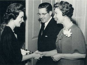 Ida Friday (right) and UNC President Bill Friday (center) greet Leila Morgan, a relative of Dr. Lucy Morgan's, at the dedication of Rosenau Hall in 1963.
