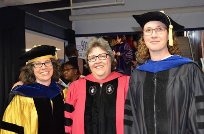 Dr. Laura Linnan (center) presented outstanding teaching and mentoring awards to Dr. Marisa Domino (left) and Dr. Stephanie Engel.