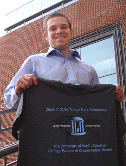 Clayton Velicer shows off the 2012 Annual Fund Scholarship T-shirt.