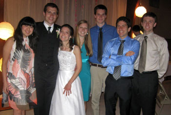 Attending the wedding reception were (left to right) Jen Chu (MS, ESE, 2009), newlyweds Riley and Leah, Bonnie Lyon (doctoral student, ESE), Pat Marion, Alex Valencia (MS, ESE, 2008) and Ryan Kingsbury (MS, ESE, 2010).