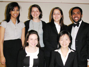 Winning team members include (front, l-r) Jacqueline Regan and Benning Wang; and (back row, l-r) Janki Ghodasara (ESE), Mindy Nichamin, Christina Mayer and Chirag Rajpuria (HPM).