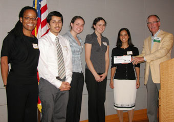 Global Health Case Competition awardees (l-r)  Khadija Turay, Arijit Paul, Kelli Paice, Anna Gage and Samantha Kepler accept their first place award from Don Holzworth, MS, sponsor and one of the judges for the event.