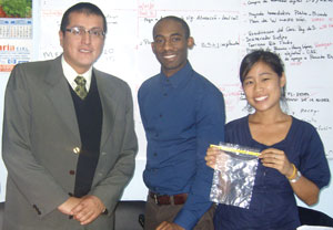ESE doctoral student Alice Wang (right) and alumnus Dr. Ku McMahan (center), members of the KM Water Solutions team, work with Dr. Yoe Garcia Aliaga (left), executive director of environmental health in Junin, Peru.