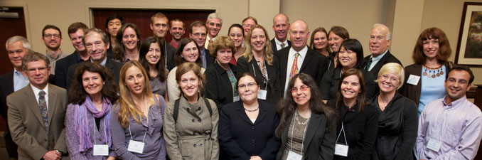 A group of School faculty members and alumni gather at the launch of The Water Institute at UNC in October 2010.
