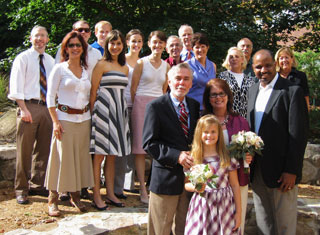 Among School-affiliated guests at the Waylings' wedding were (front row, left to right) Steven and Aimee McHale Wayling, Aimee's daughter Caroline, Jeffrey Simms; (Second row) Cheri Poss, MSPH ('09), Rebecca Garr Whitaker, MSPH ('09), Elizabeth Walker Kasper, MSPH ('09), Drs. Morris Weinberger and Andrea Biddle, Cathy Padgett; (Third row) Wayne Psek and Greg Boyer (HPM doctoral candidates), Drs. John Paul and William Zelman.
