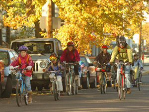 The Active Living by Design grantee in Columbia, Mo., has worked hard to mobilize the community to bike more often. Here, several families enjoy a crisp fall morning. Photo courtesy of Active Living By Design.