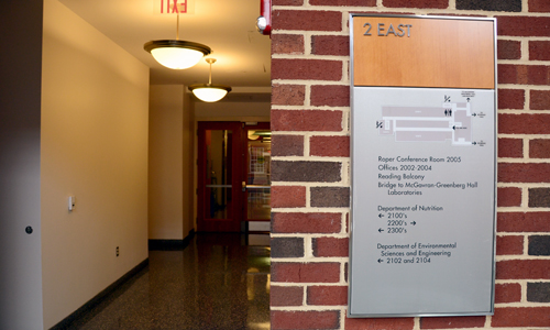 The second-floor research wing hosts labs, offices and a conference room.