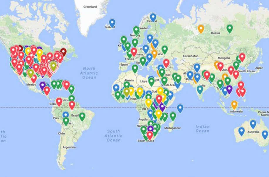 A map showing all the locations of recent research.