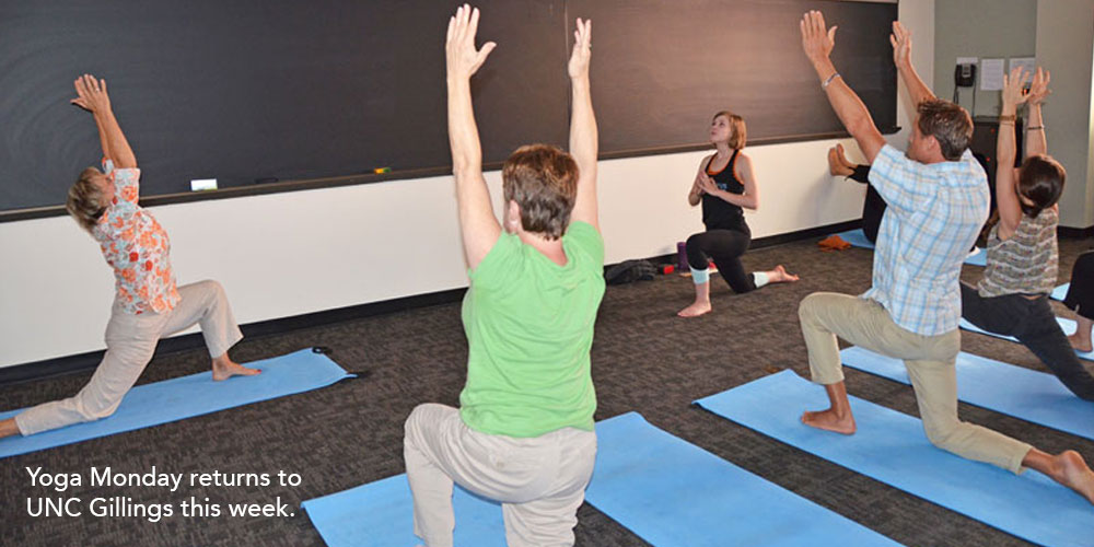 Students, faculty and staff take advantage of Yoga Monday.