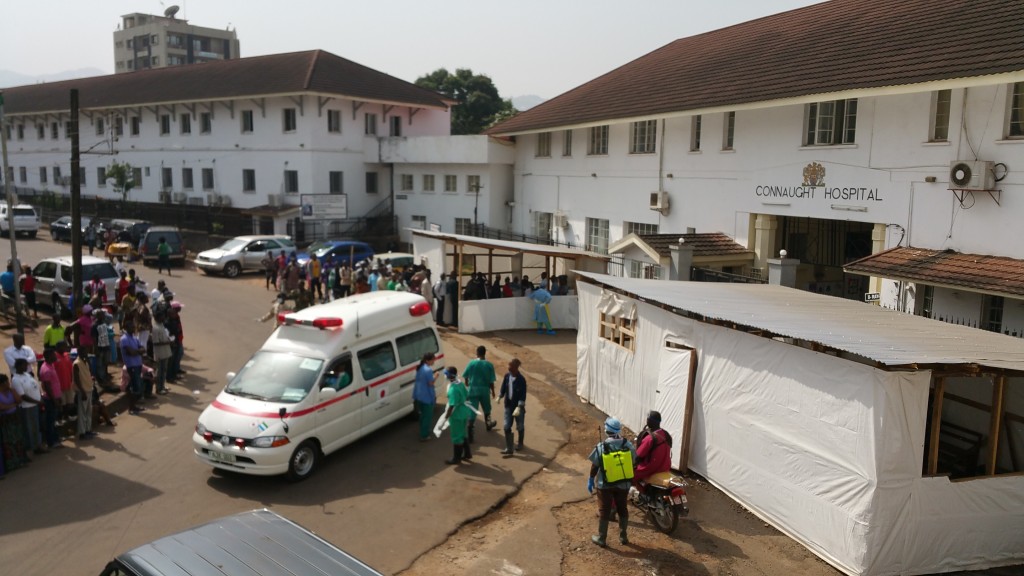 At the Connaught Hospital in Freetown, Sierra Leone, makeshift tents are set up for screening people with Ebola symptoms. (Photo by Richard Brostrom)