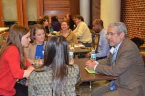 Dr. Herrington  (right) speaks with Gillings School students at a "careers in public health" event in fall 2014. (Photo by Linda Kastleman)
