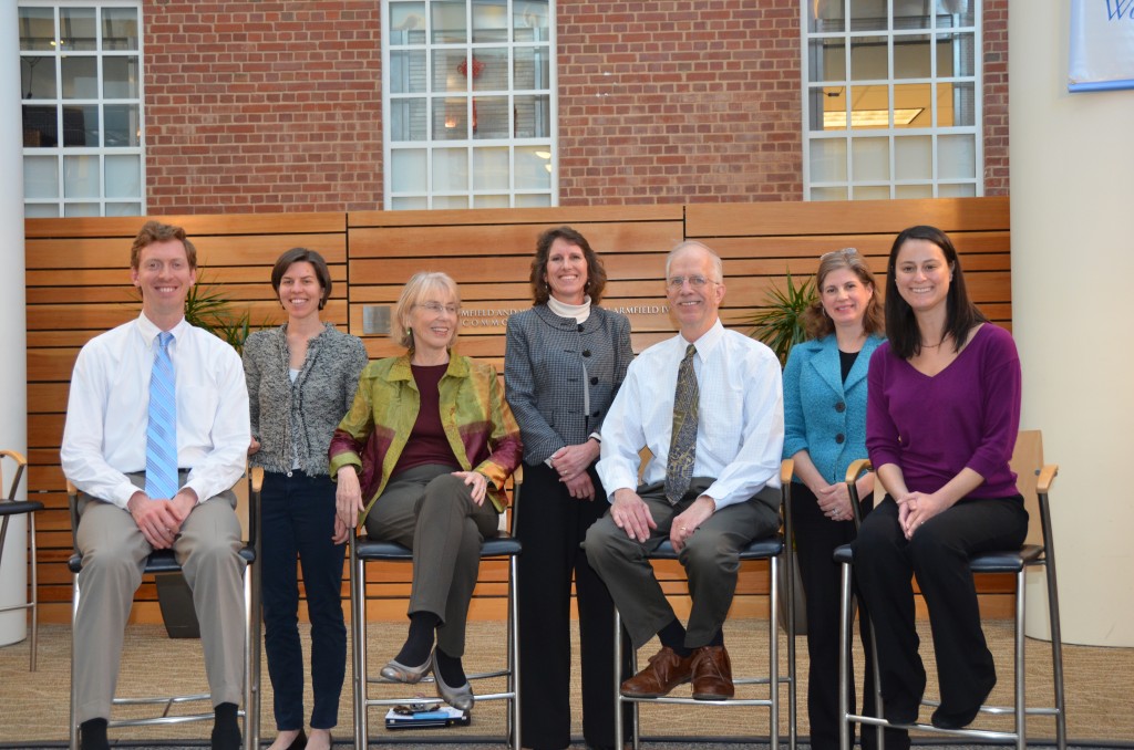 Winners of the School's 2015 Teaching Awards are (l-r) Dr. Brian Pence, Dr. Christine Tucker, Dr. June Stevens, Lori Evarts, Dr. John Paul, Dr. Jane Monaco and Dr. Jill Stewart. (Not picture is Dr. Kurt Ribisl.) The awards are presented annually in February, the School's designated "Celebrate Teaching!" Month.