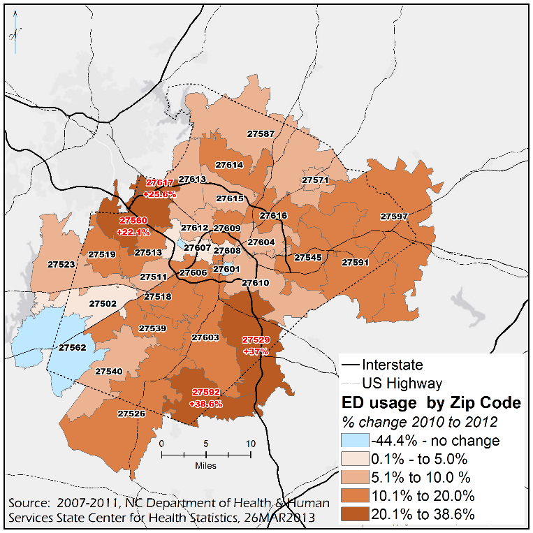 Percent Change in Emergency Department Usage by Zip Code, Wake County Community Health Needs Assessment, North Carolina, 2007-2011
