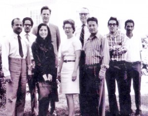 Dr. Suchindran (far right) poses with other international students in 1970. Dr. Bernard Greenberg (fourth from left) was biostatistics chair at the time.