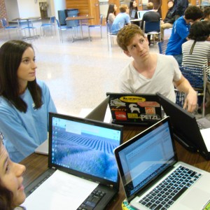 In Dr. Hobb's class, students work in group to master information quickly. Left to right are Madison Lackey, Caroline Crews and Michael Edwards. (Photo by Linda Kastleman)