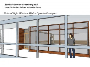 Room 2308 in McGavran-Greenberg Hall is undergoing changes to makes it a more technologically versatile and learning-friendly classroom. Seating and wiring will allow students to work in different configurations, and a glass wall will introduce natural light. 