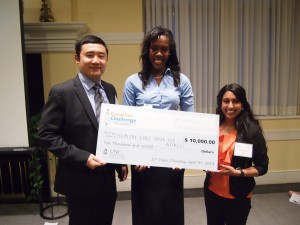 Yang Chen, Camille McGirt and Reena Gupta (l-r) laimed second prize at Carolina Challenge. (Photo by Patrick Vernon)