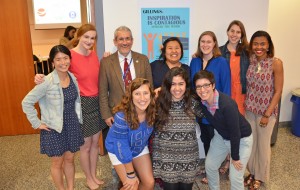 The student organizers of GillingsX 2016 smile with Dr. Jim Herrington (in brown) and Naya Villarreal (front row, with glasses).