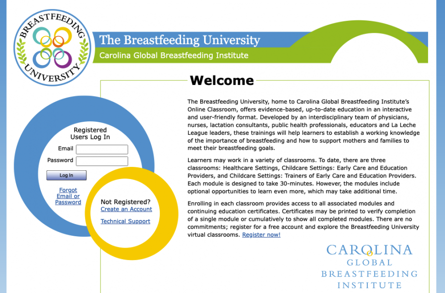 A screenshot of the Breastfeeding University homepage, a training resource offered by CGBI.
