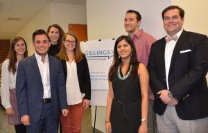 Left to right are GillingsX presenters Amy Shipow, Diego Garza, Alexis Hoyt, Kate LeMasters, Zainab Alidina, Eric Rubenstein and student moderator Hill Winstead.