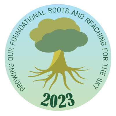 Tree with the text "Growing our foundational roots and reaching for the sky, 2023."