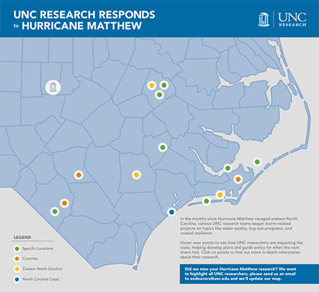map of N.C. counties in which UNC researchers are conducting projects related to Hurricane Matthew