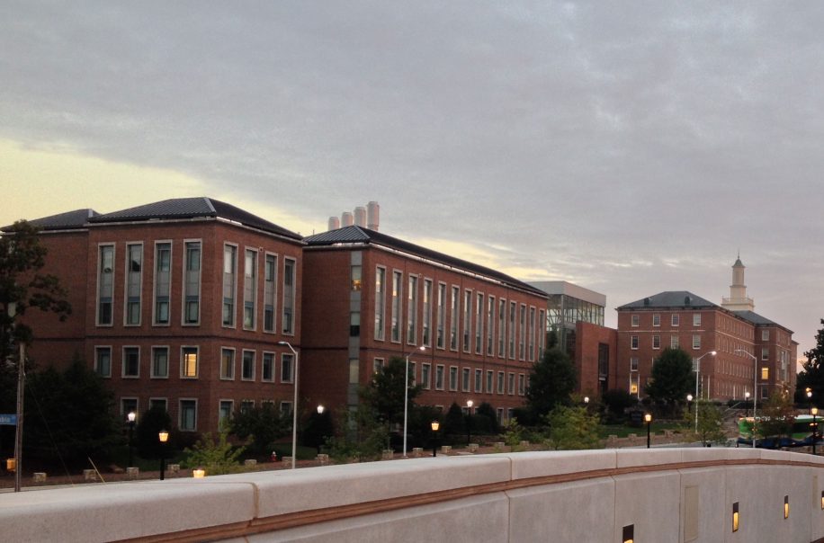 The Gillings School pictured after sunset.