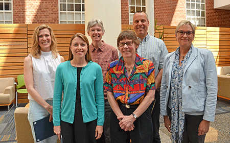 On April 18, awards for innovative teaching were presented (l-r) to Dr. Meghan Shanahan, Amanda Holliday, Kathy Roggenkamp, Dr. Carolyn Crump, Dr. Justin Trogdon and Dr. Vaughn Upshaw. Not pictured are Dr. Whitney Robinson and Dr. Jason Surratt.