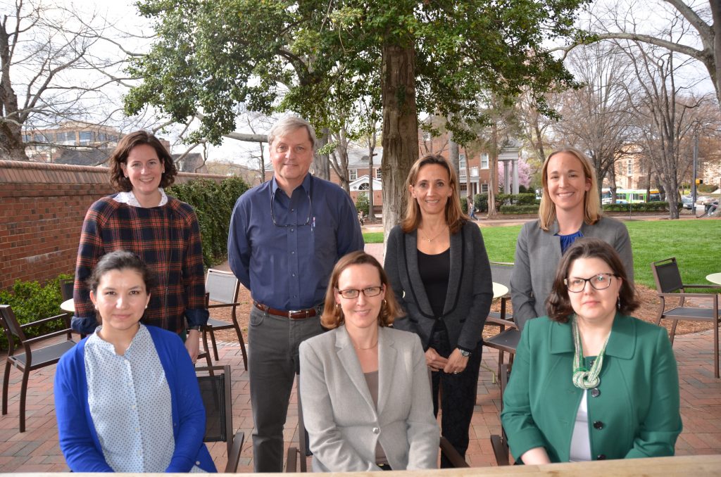 Members of Dr. Rebecca Fry's team at the Institute for Environmental Health Solutions are (l-r) Zamira Gleason, Dr. Hazel Nichols, Dr. Mirek Styblo, Dr. Fry, Dr. Ilona Jaspers, Dr. Tracy Manuck and Lisa Smeester. (Photo by Linda Kastleman)