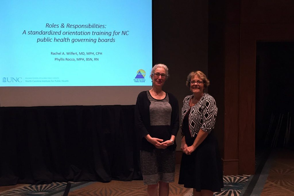 NCIPH Interim Director Rachel Wilfert, MD, MPH, CPH, co-presented with North Carolina Division of Public Health (NCDPH) Local Technical Assistance and Training Branch Head Phyllis Rocco, MPH, BSN, RN, on orientation trainings for North Carolina public health governing boards. 