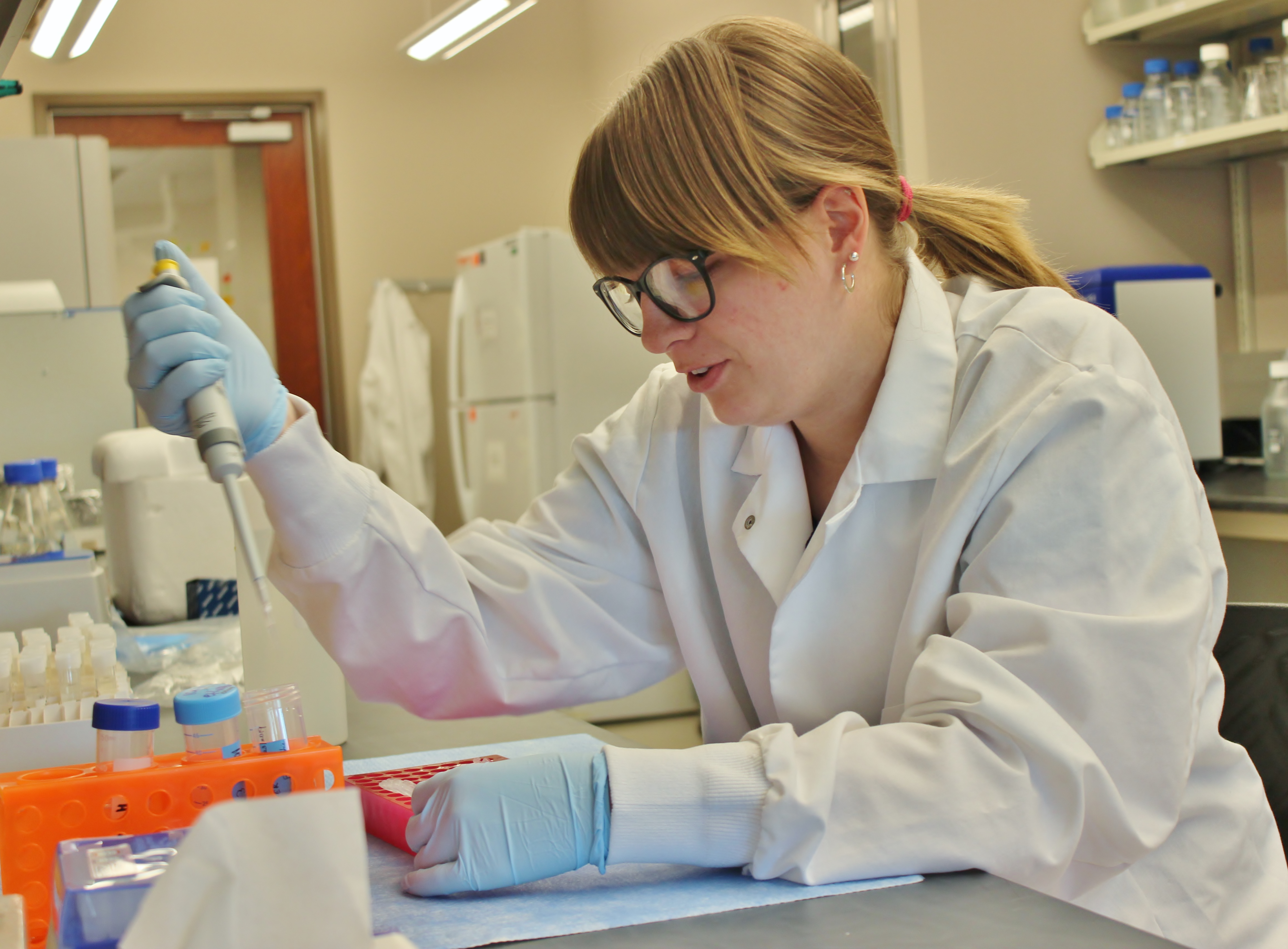 Researcher prepares samples for analysis.