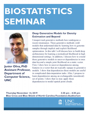 Flyer for Biostatistics Seminar featuring Junier Oliva