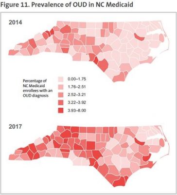 This map shows the prevalence of Opioid Use Disorder in North Carolina.