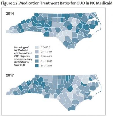 This map shows the rates of medication treatment for Opioid Use Disorder in North Carolina.