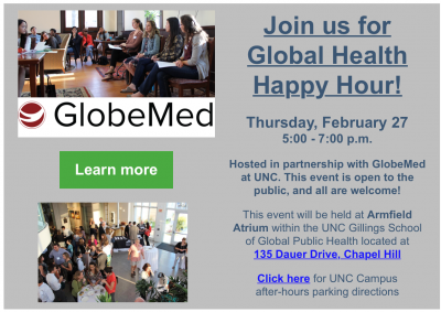 Flyer for Global Health Happy Hour