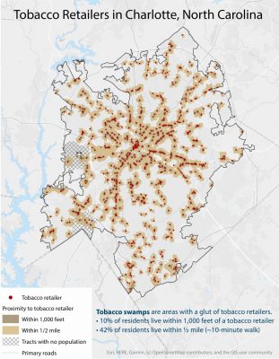 Charlotte has 1,032 tobacco retailers, and 43.1% of public schools are within 1,000 feet of a tobacco retailer. (Contributed graphic)