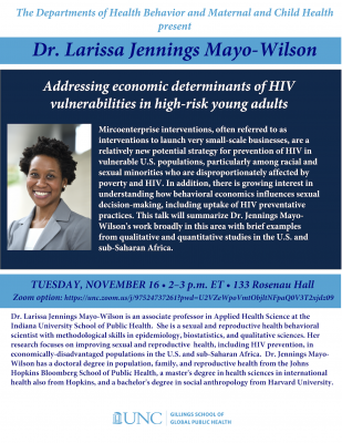 Flyer for Dr. Larissa Jennings Mayo-Wilson talk