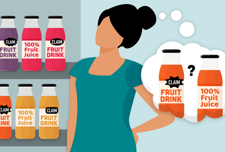 An illustrated person considers different types of juice products.
