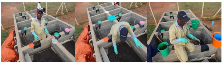 Photos (D-1): Musa leading research on the faecal sludge dewatering trials using pilot sand drying beds in Africa