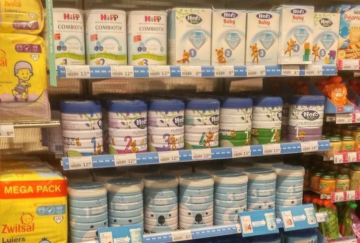 Infant formula and toddler milk share shelf space.