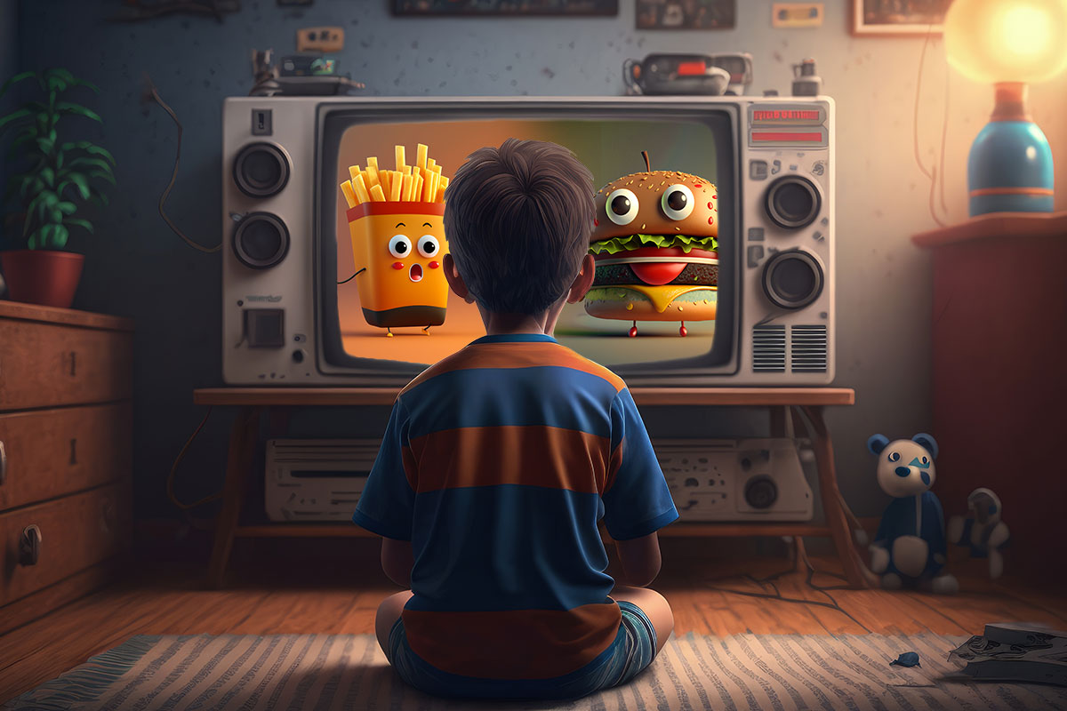 A child watches junk food advertising on television.