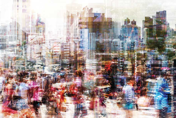 A collage of a crowd is juxtaposed with a cityscape.