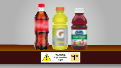 An illustration of a warning label underneath sugary drinks.