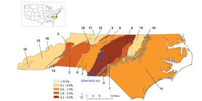 map of north carolina with geologic features high in arsenic