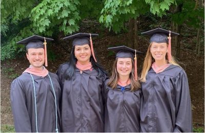 2024 Joint UNC Asheville - UNC Gillings Master of Public Health (MPH) program graduates (L to R): Michael Ratliff, Juhi Barot, Isla Neel, and Caralee Sadler Farr (UNC Gillings only). at UNC Gillings graduation. Kerstan Nealy and Claire Rice are not pictured.