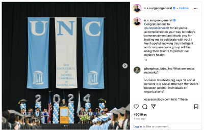 Instagram post from @u.s.surgeongeneral: Congratulations to @uncpublichealth for all you’ve accomplished on your way to today’s commencement and thank you for inviting me to celebrate with you! I feel hopeful knowing this intelligent and compassionate group will be using their talents to protect our nation’s health.